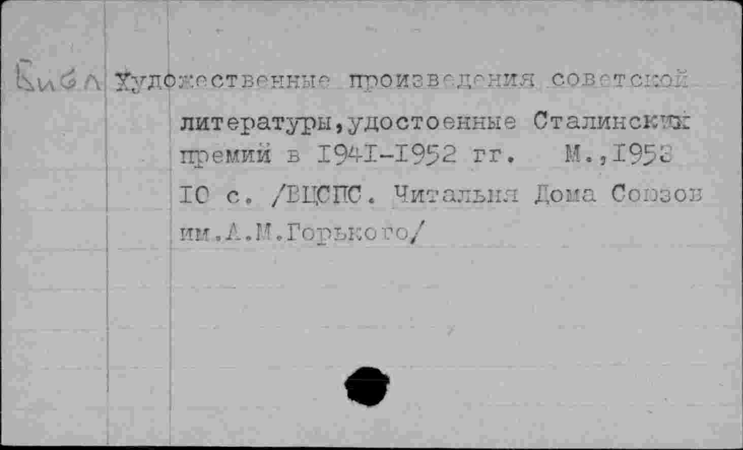 ﻿УудОл.ГСТВ^НКЫЛ ПрОИЗВГдгния советском литературы,у достоенные Сталинсник премий в 1941-1952 гг. М.,1952 1С с. /ВЦСПС. Читальня Дома Союзов им.. А. М. Горького/